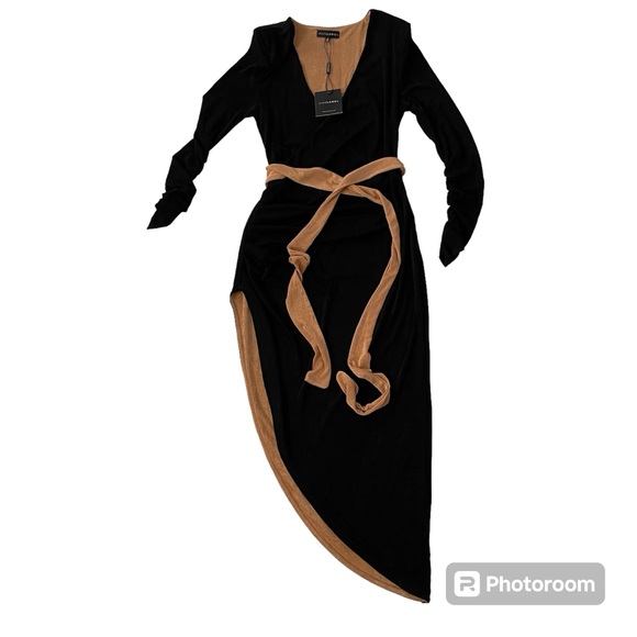 JLUXLABEL black and copper formfitting deep v-neck dress with side split size M - Picture 2 of 10